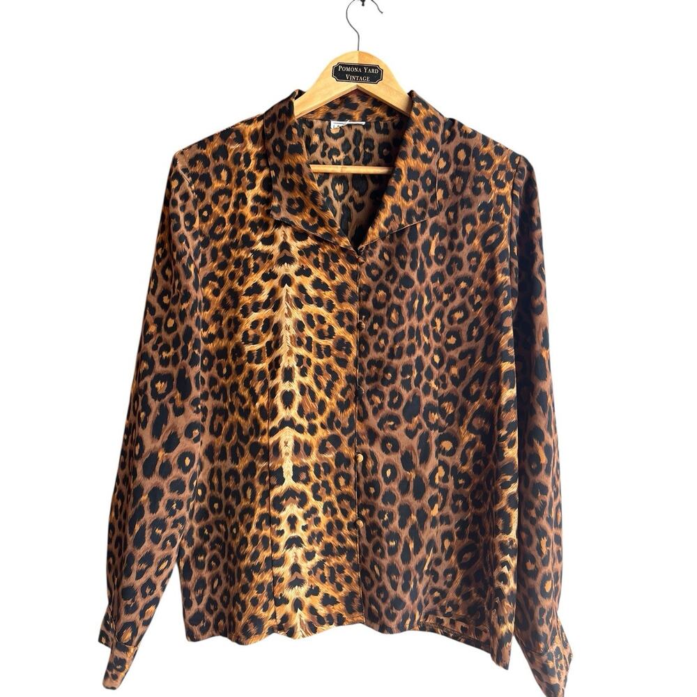 Vintage Women's Career Size 1X Long Sleeve Blouse Secretary Satin Animal Print